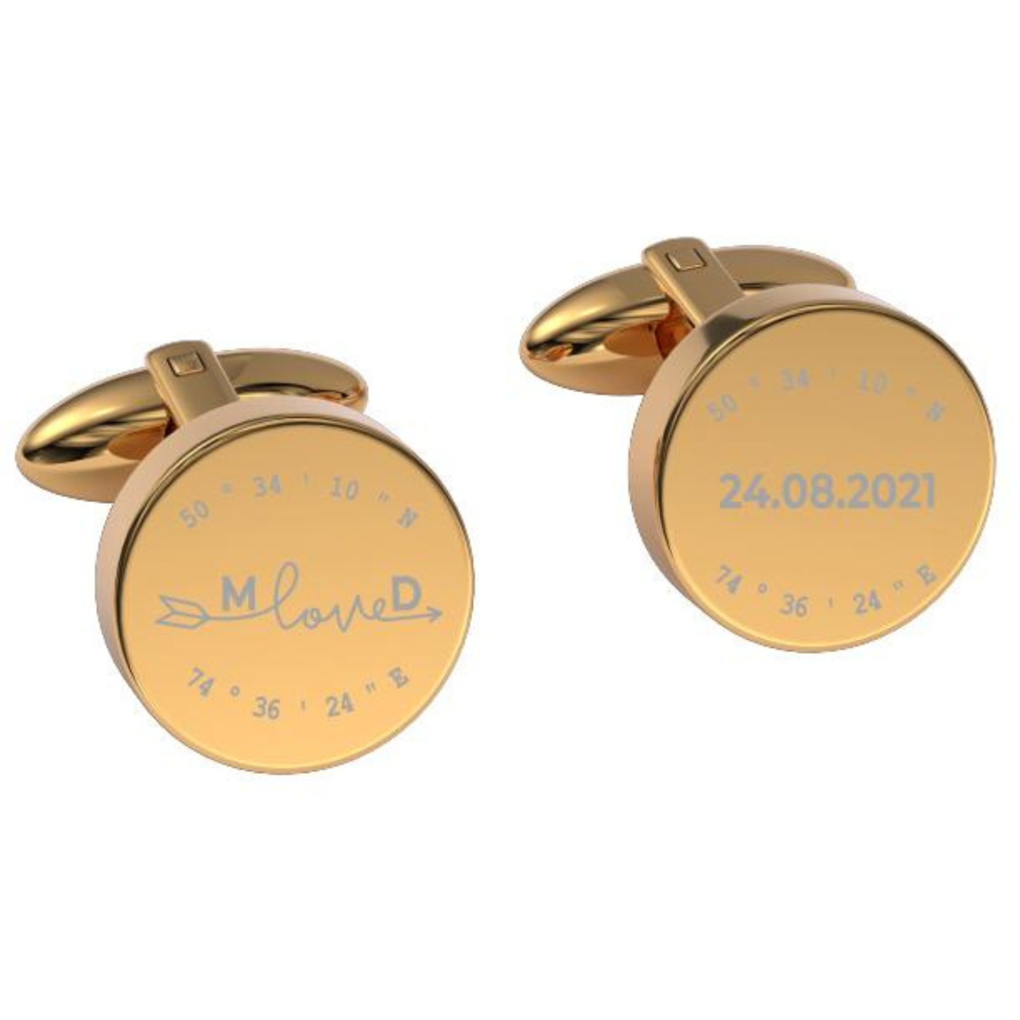 Latitude-Longitude Initials & Date Round Engraved Cufflinks