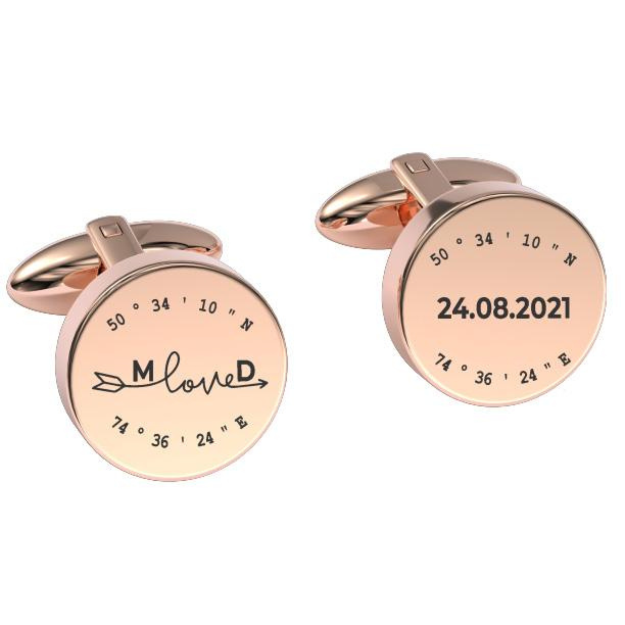 Latitude-Longitude Initials & Date Round Engraved Cufflinks