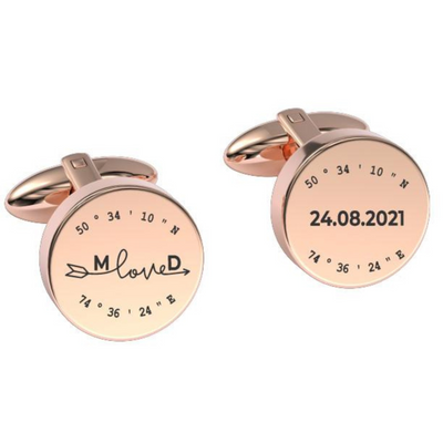 Latitude-Longitude Initials & Date Round Engraved Cufflinks