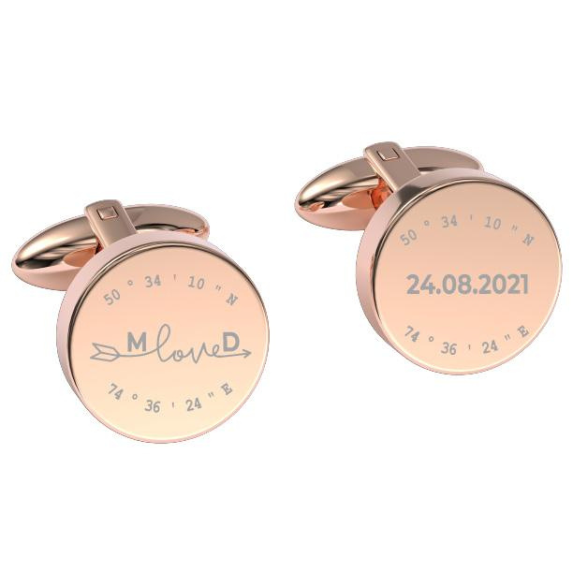 Latitude-Longitude Initials & Date Round Engraved Cufflinks