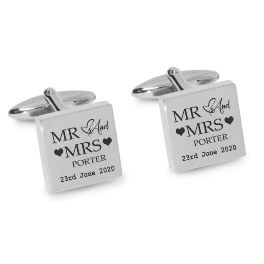 Mr Mrs Last Name Love Heart with Date Engraved Wedding Cufflinks