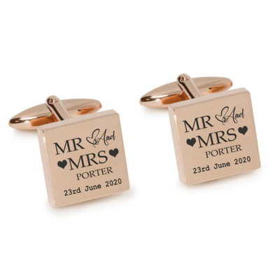 Mr Mrs Last Name Love Heart with Date Engraved Wedding Cufflinks