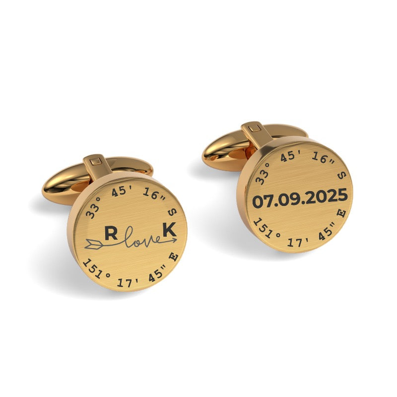 Latitude, Longitude, Initials & Date Round Engraved Cufflinks