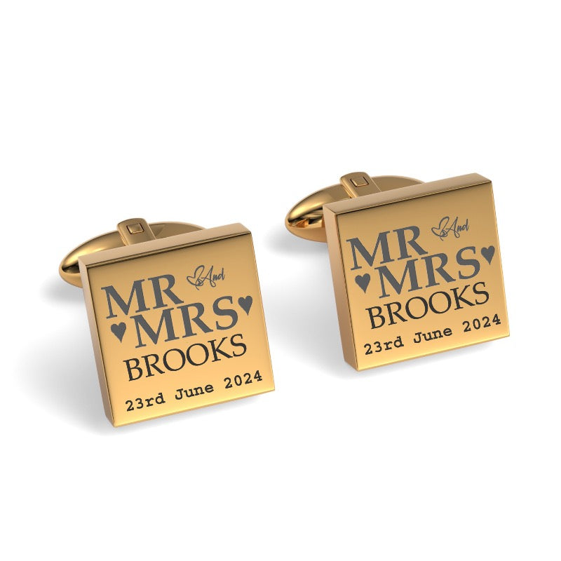 Mr & Mrs Last Name Love Heart with Date Engraved Wedding Cufflinks