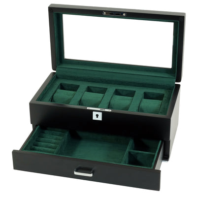 4 Slots Wooden Watch Box with Green Interior and Drawer