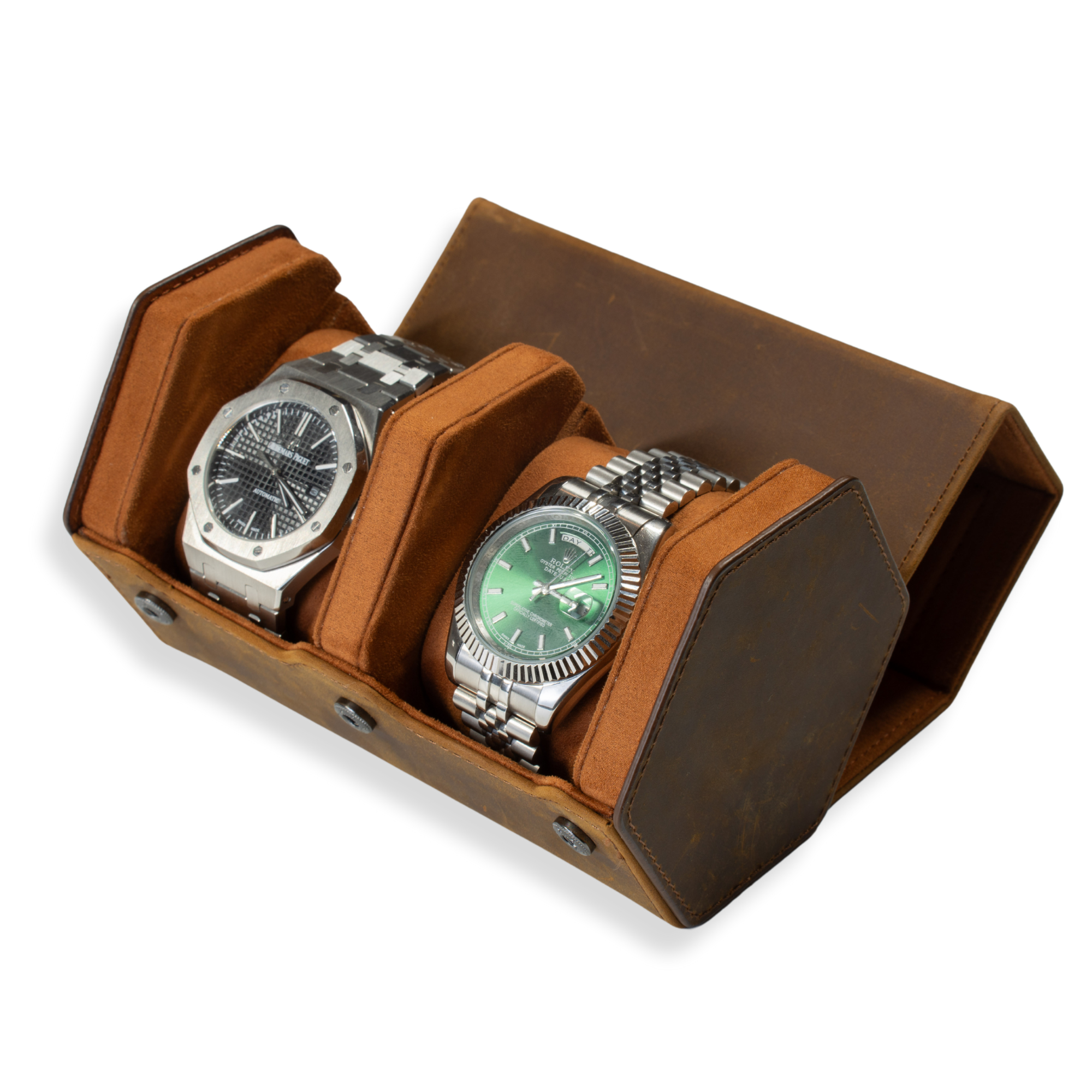 Seconds - Hex Leather Watch Roll 2 Slots in Saddle Leather/Brown