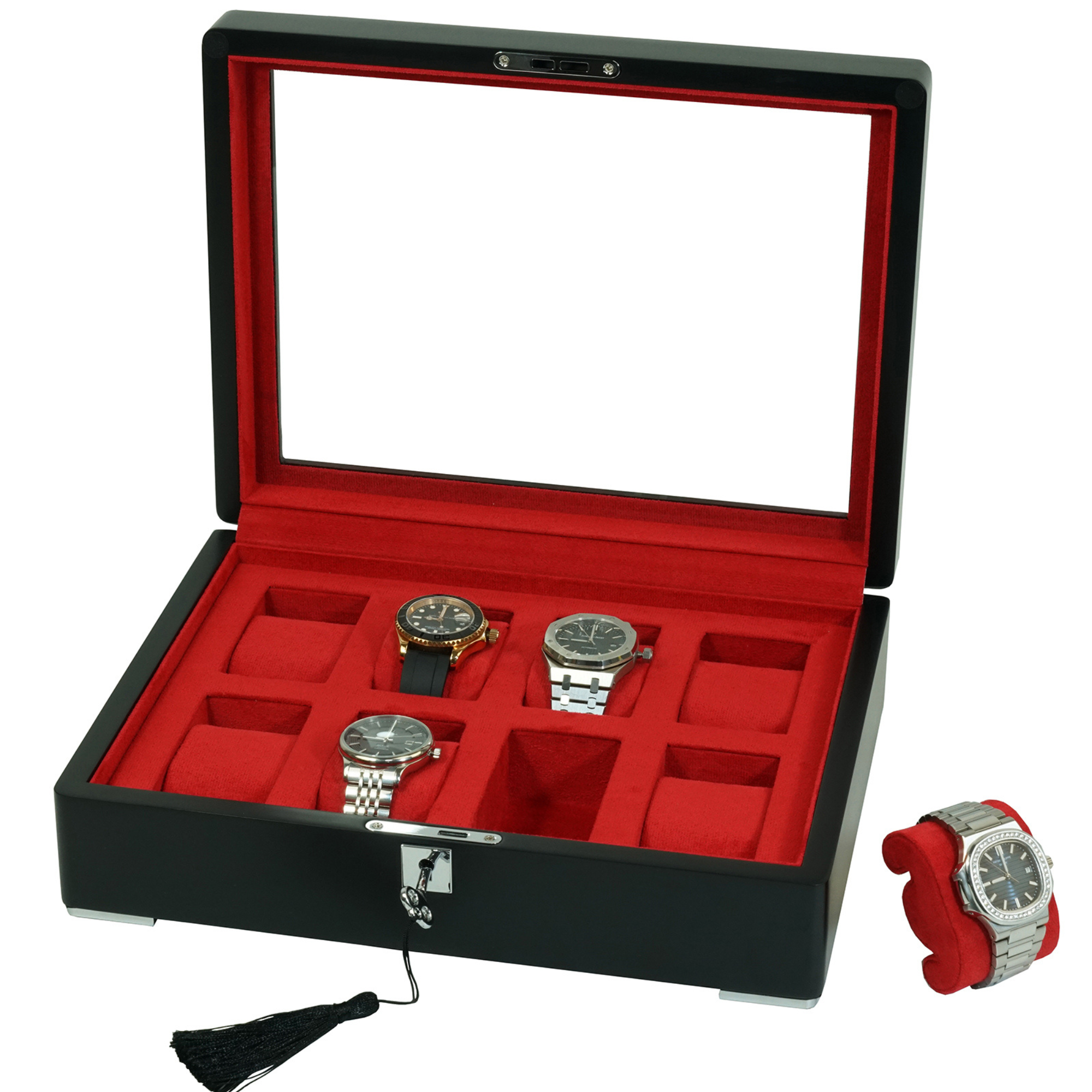 8 Slot Black Wooden Watch Box with Red Interior