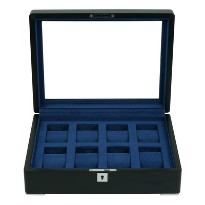 8 Slot Black Wooden Watch Box with Blue Interior