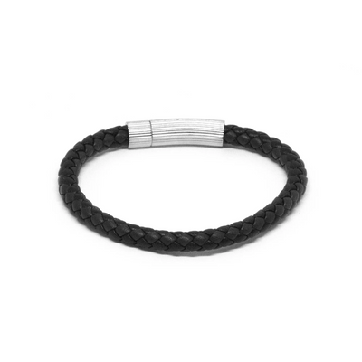 Navy/Black Leather Bracelet with SS Textured Barrel Clasp