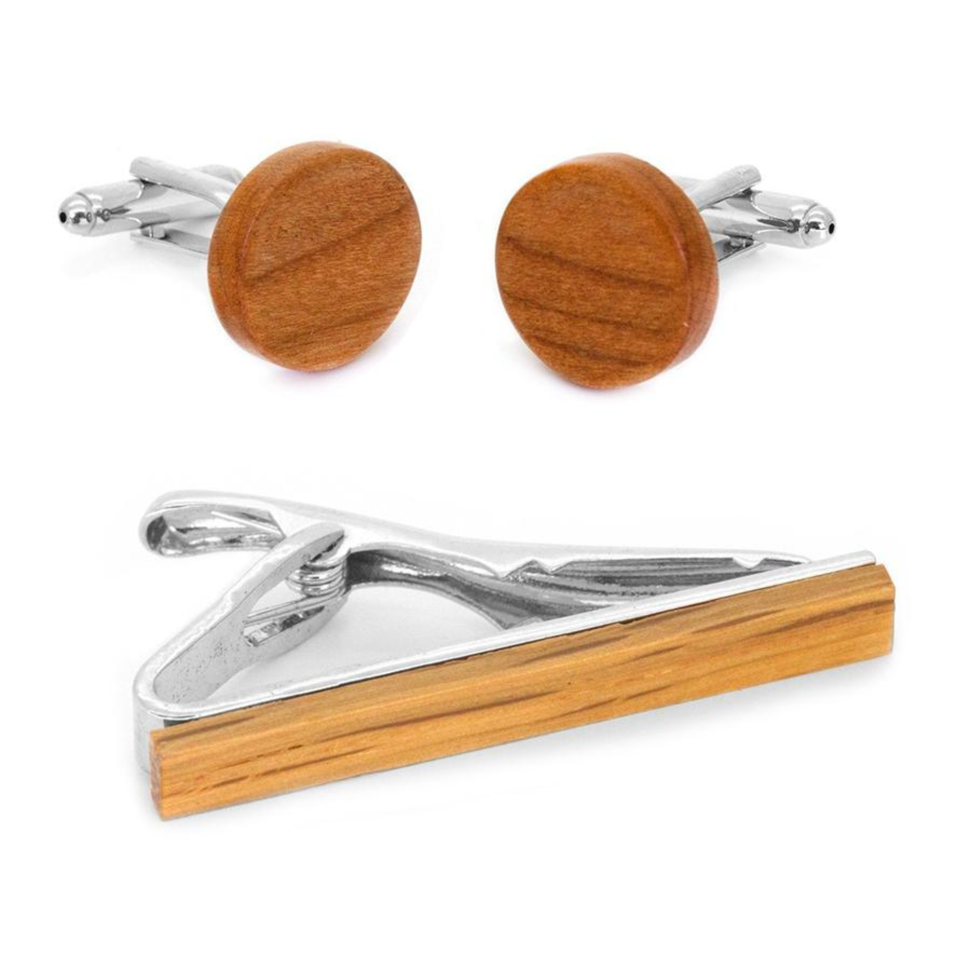 Light Brown Wood Cufflinks & Tie Clip Set