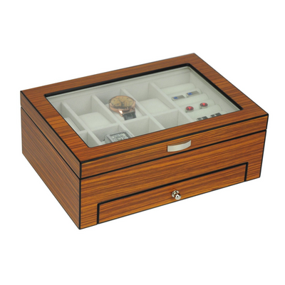 8 Slots Brown Wooden Watch Box with Cufflink Storage and Drawer