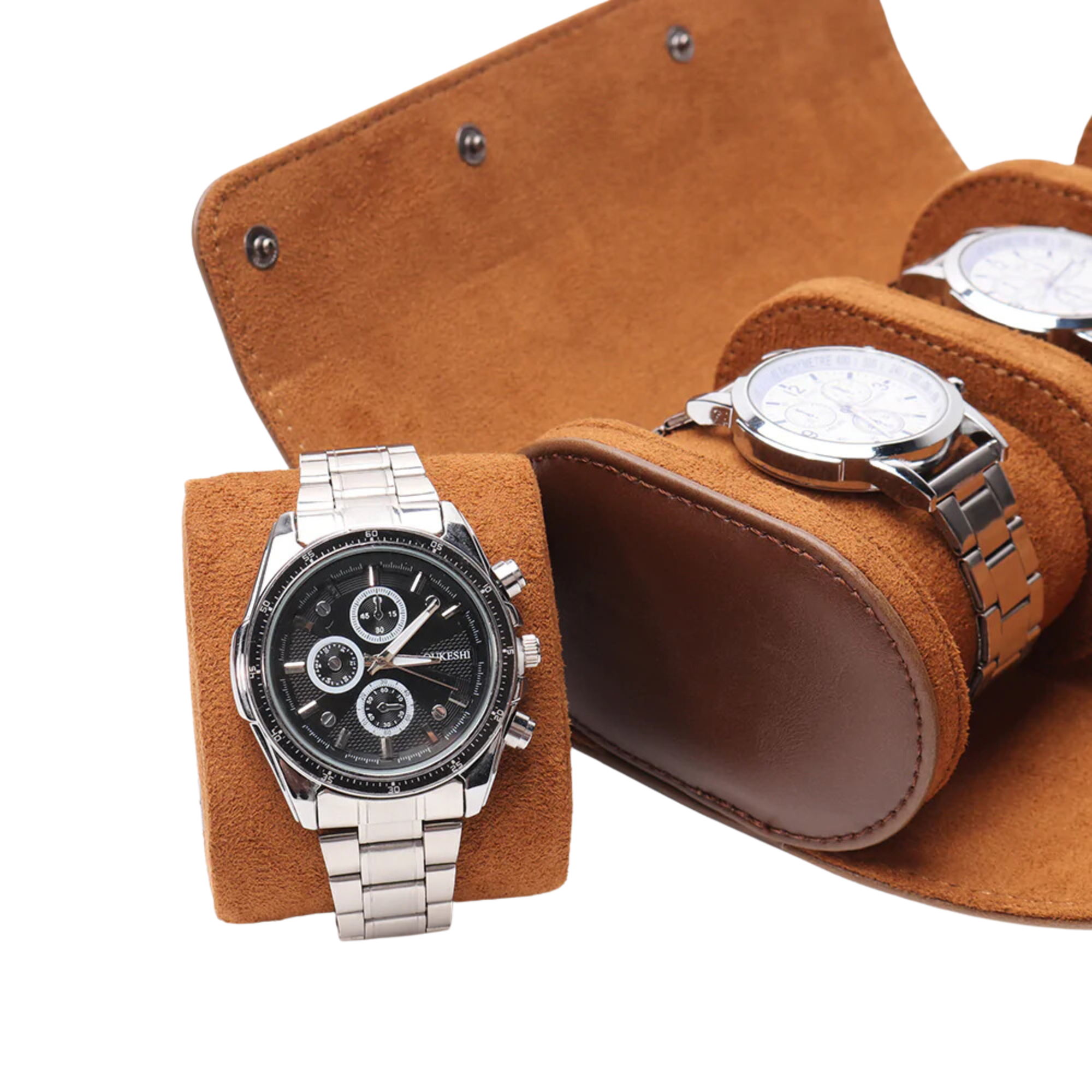 Watch Roll Case for 3 in Brown Vegan Leather