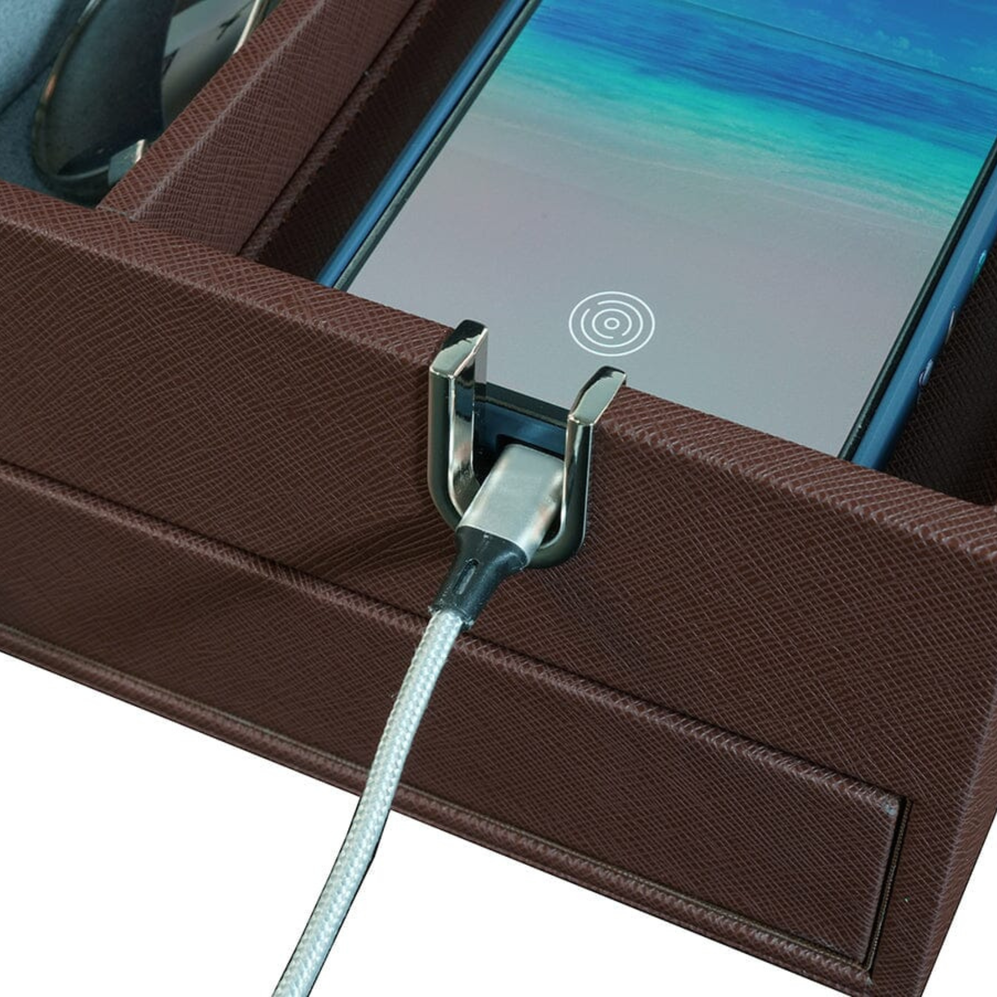 Leather Valet Tray with Drawer in Brown