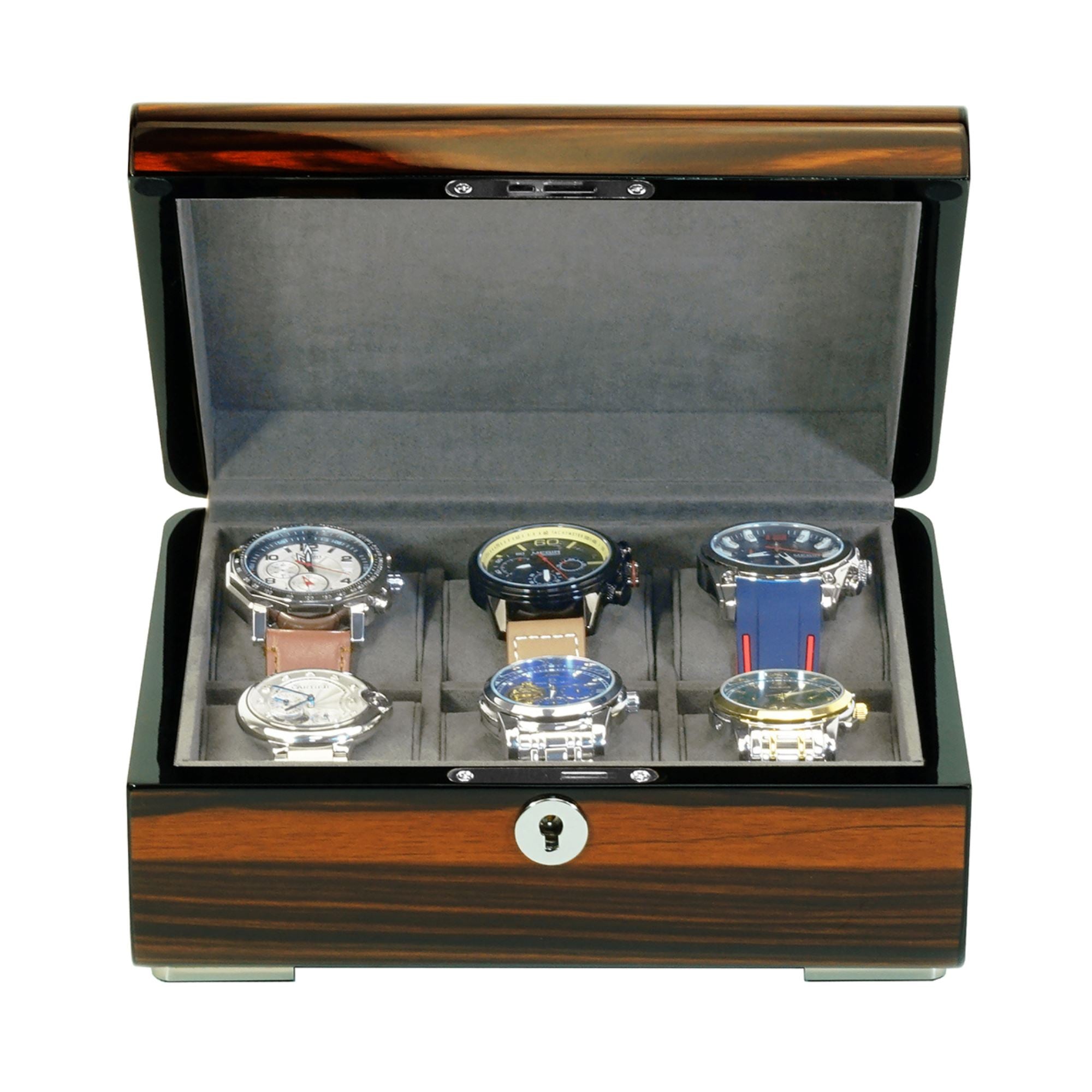 6 Slots Watch Box with Lock in Wooden Ebony Watch Boxes Clinks 