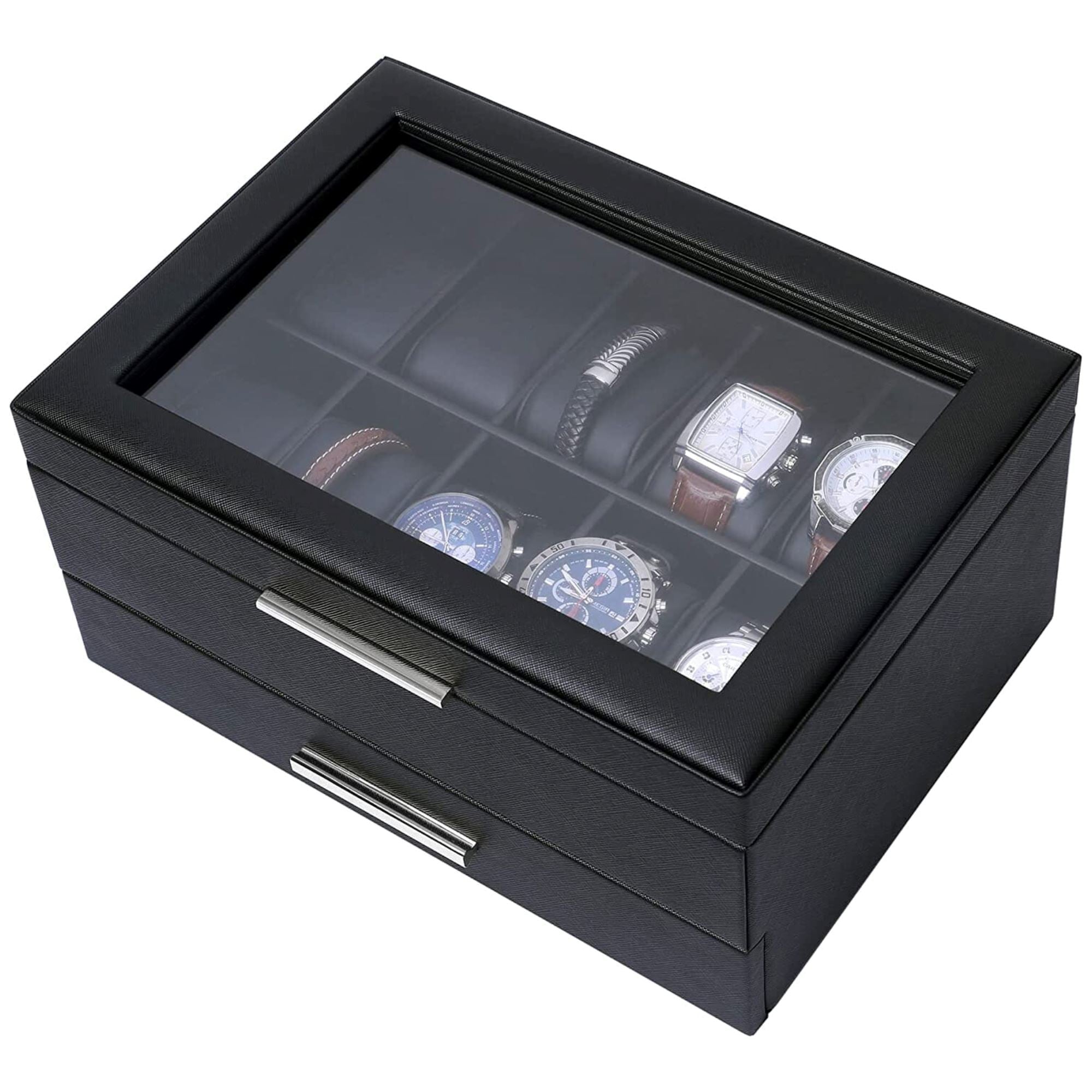 10 Slots Watch Box with Drawer in Black Watch Boxes Clinks 