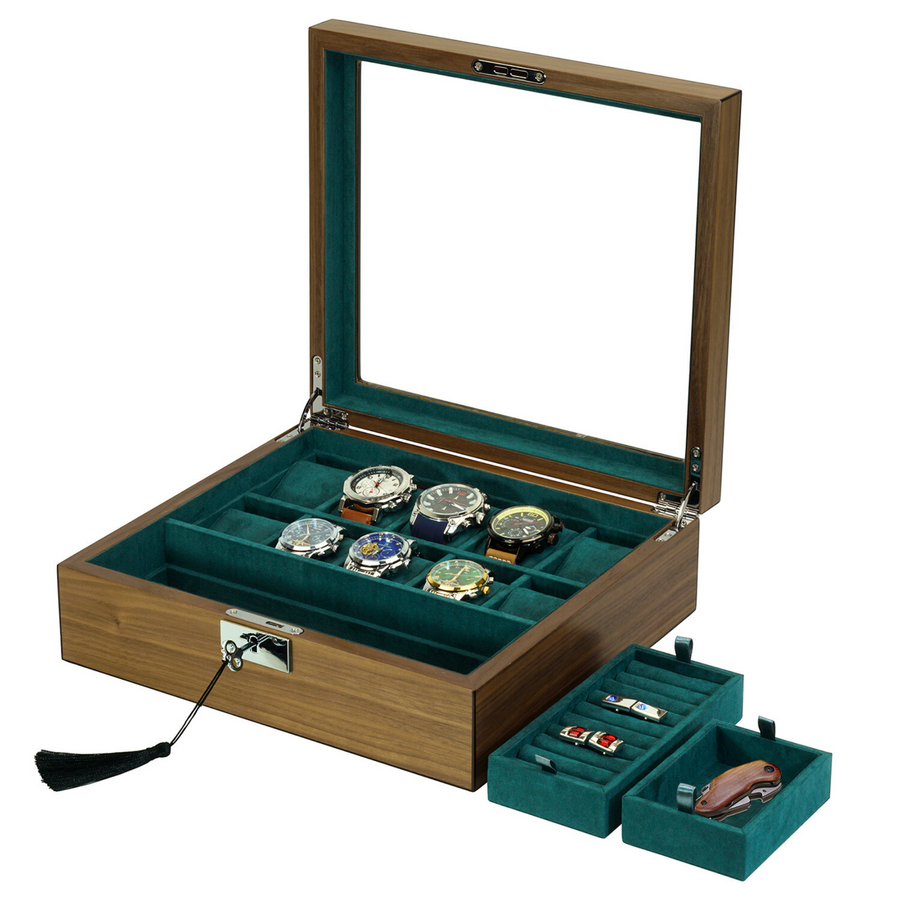 10 Slots Walnut Wooden Watch Box with Removable Trays