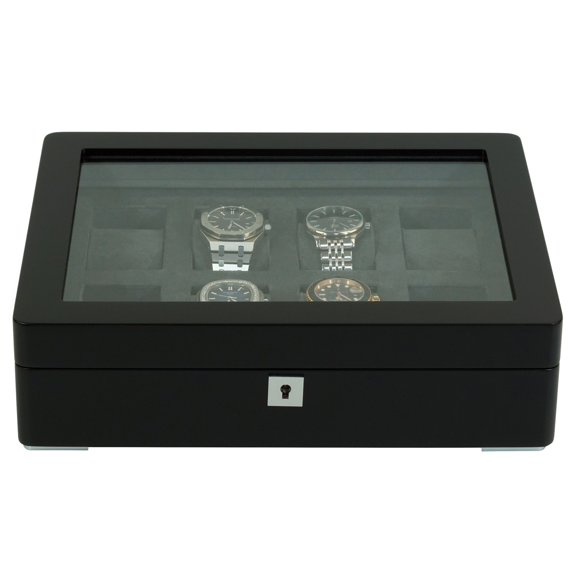 8 Slot Black Wooden Watch Box with Charcoal Interior