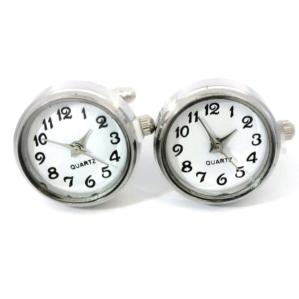 Round White Faced Working Clock Watch Silver Cufflinks Clinks Australia