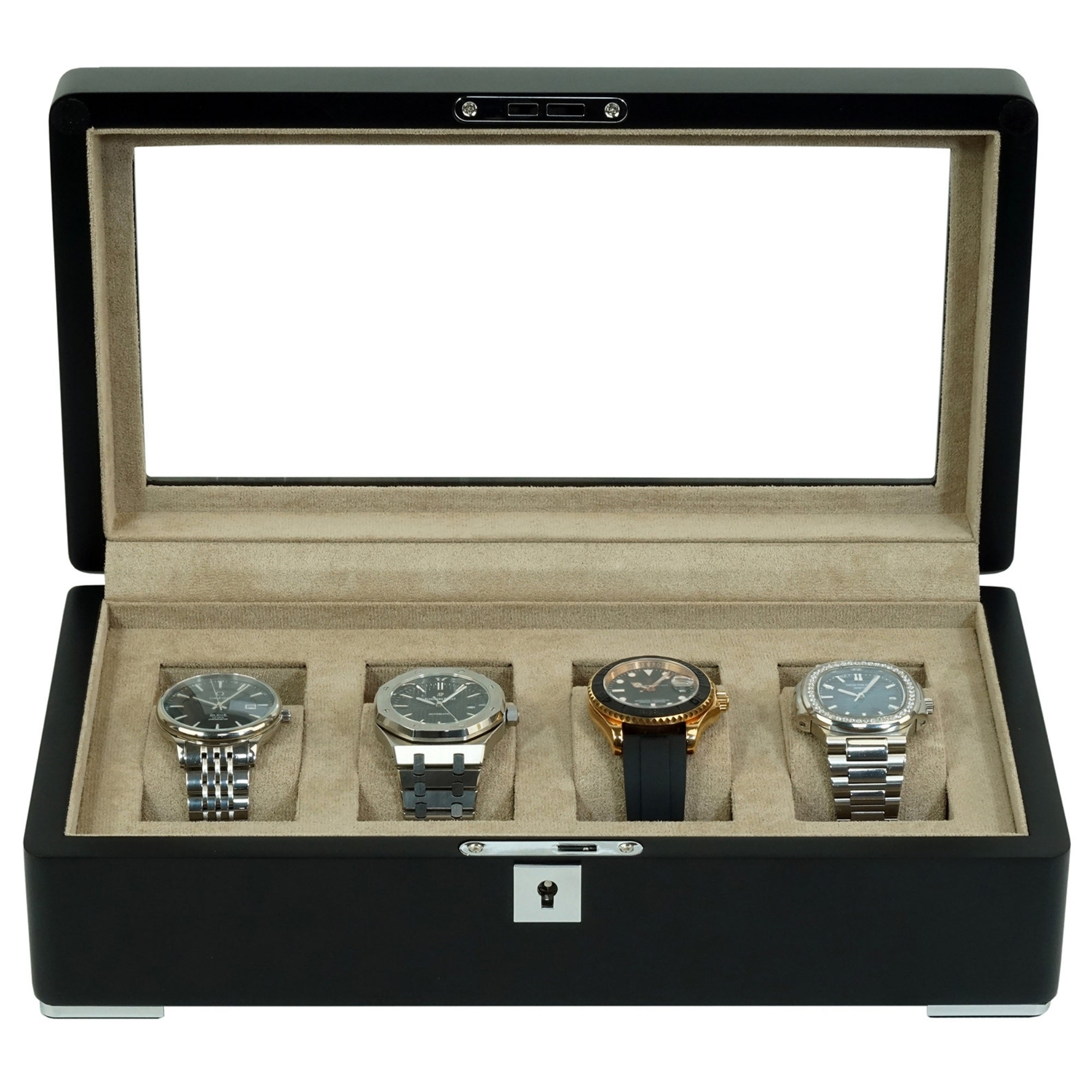 4 Slot Black Wooden Watch Box with Cream Interior