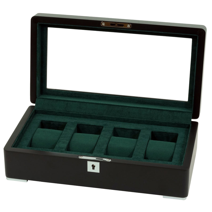 4 Slot Black Wooden Watch Box with Green Interior