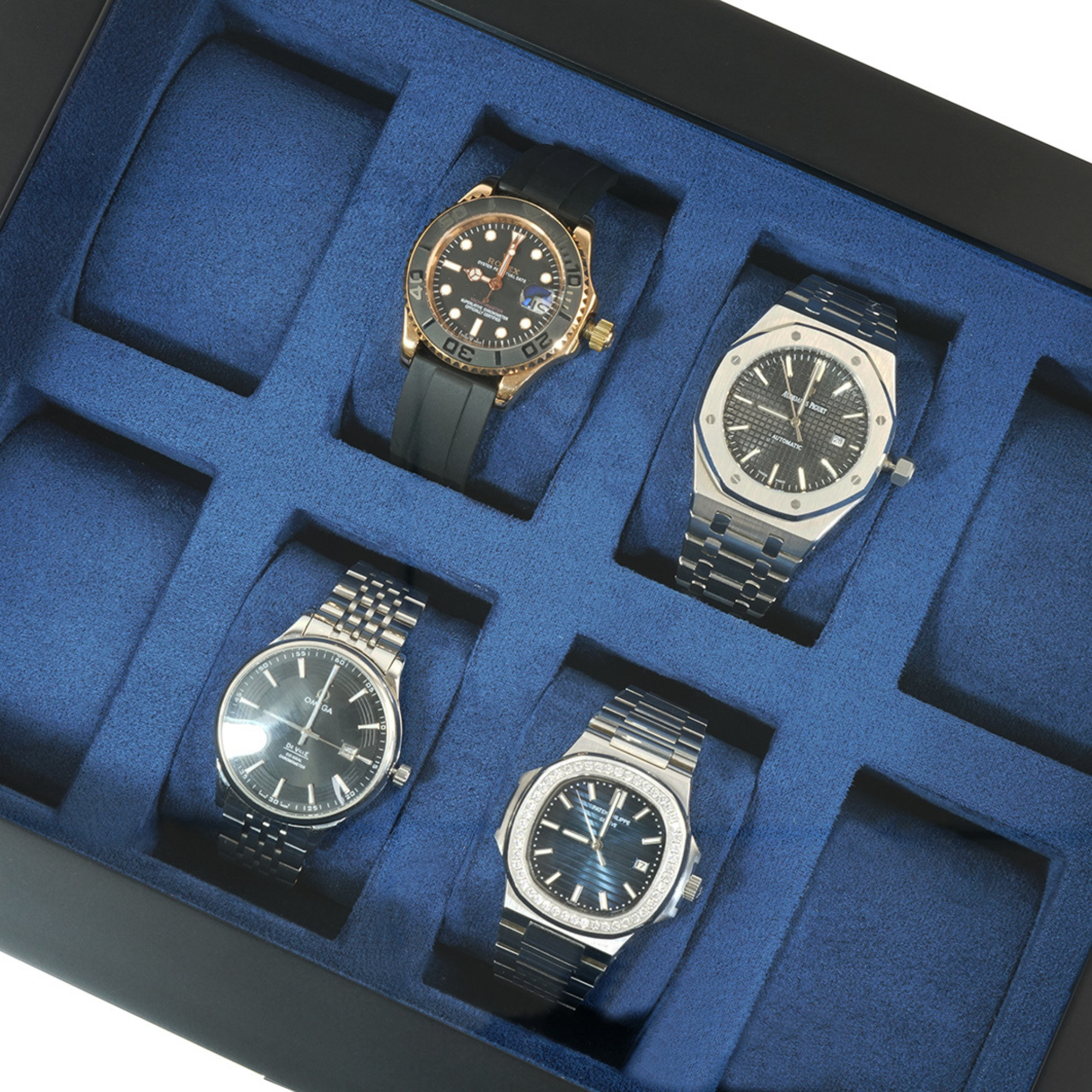 8 Slot Black Wooden Watch Box with Blue Interior