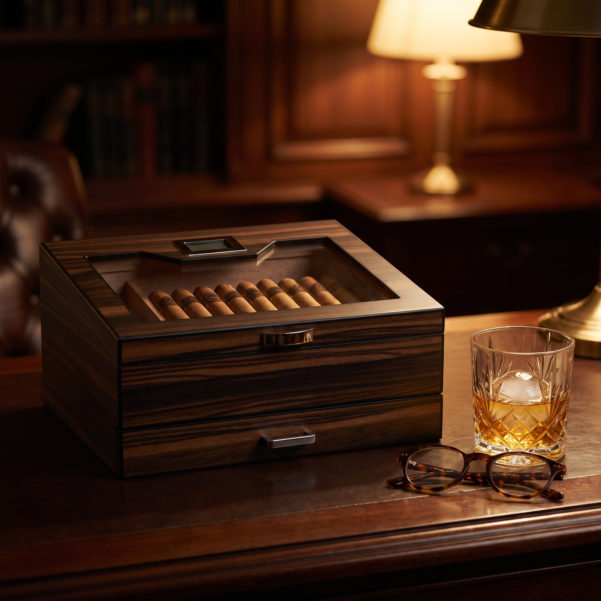 20 CT Ebony Wooden Cigar Humidor Box with Drawer for Cigars — lifestyle shot