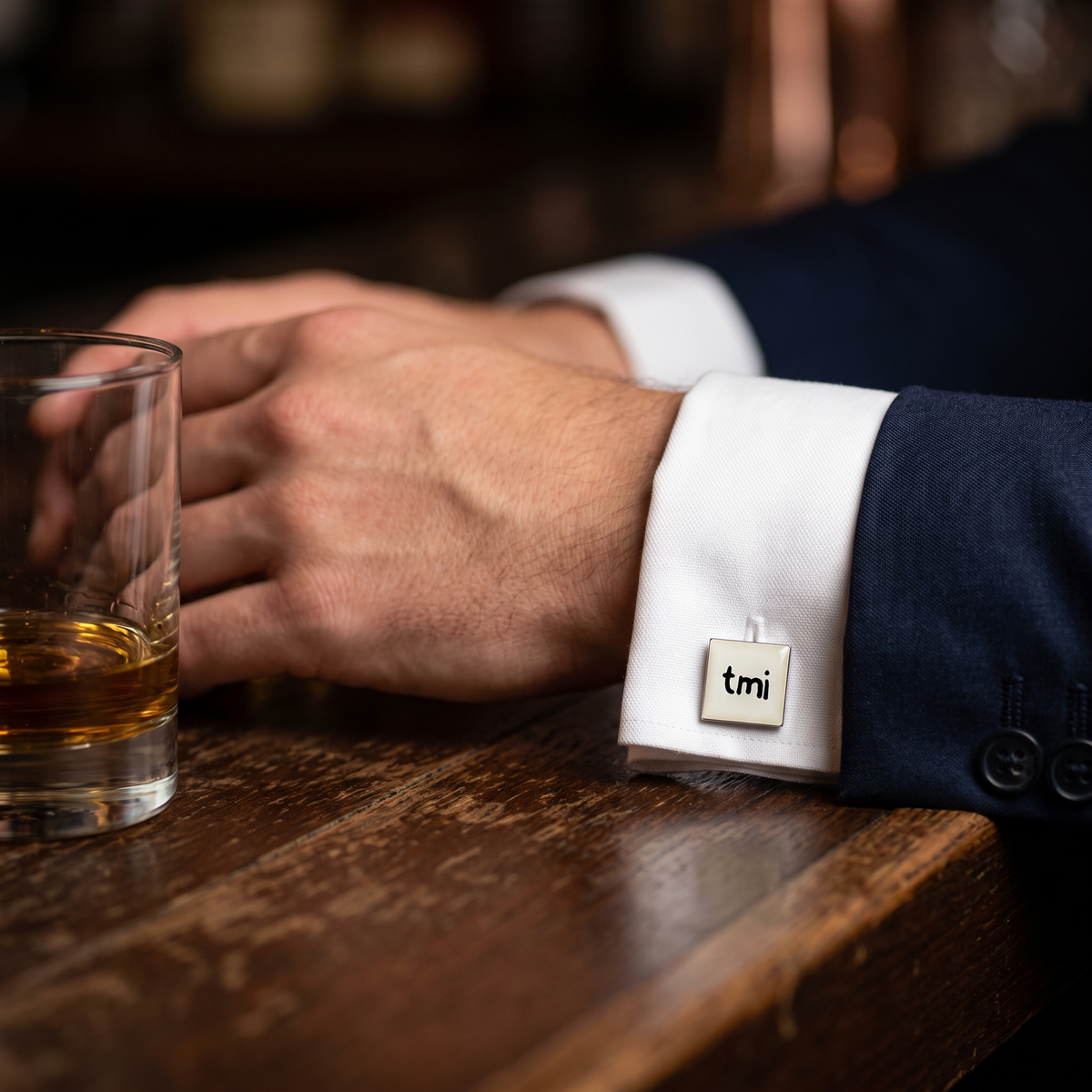 Text Speak Cufflinks: tmi — lifestyle shot