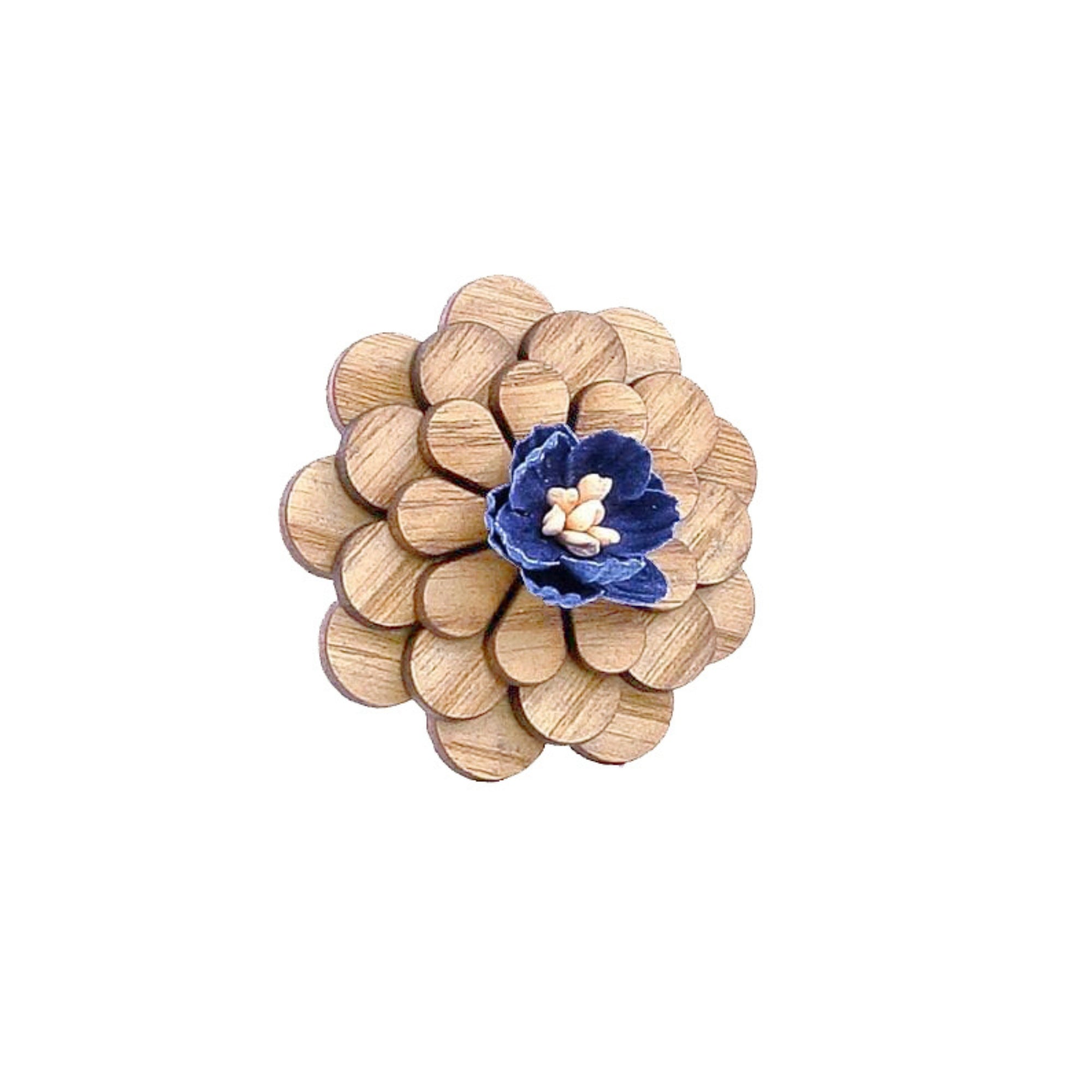 Wooden Blue Flower Lapel Pin