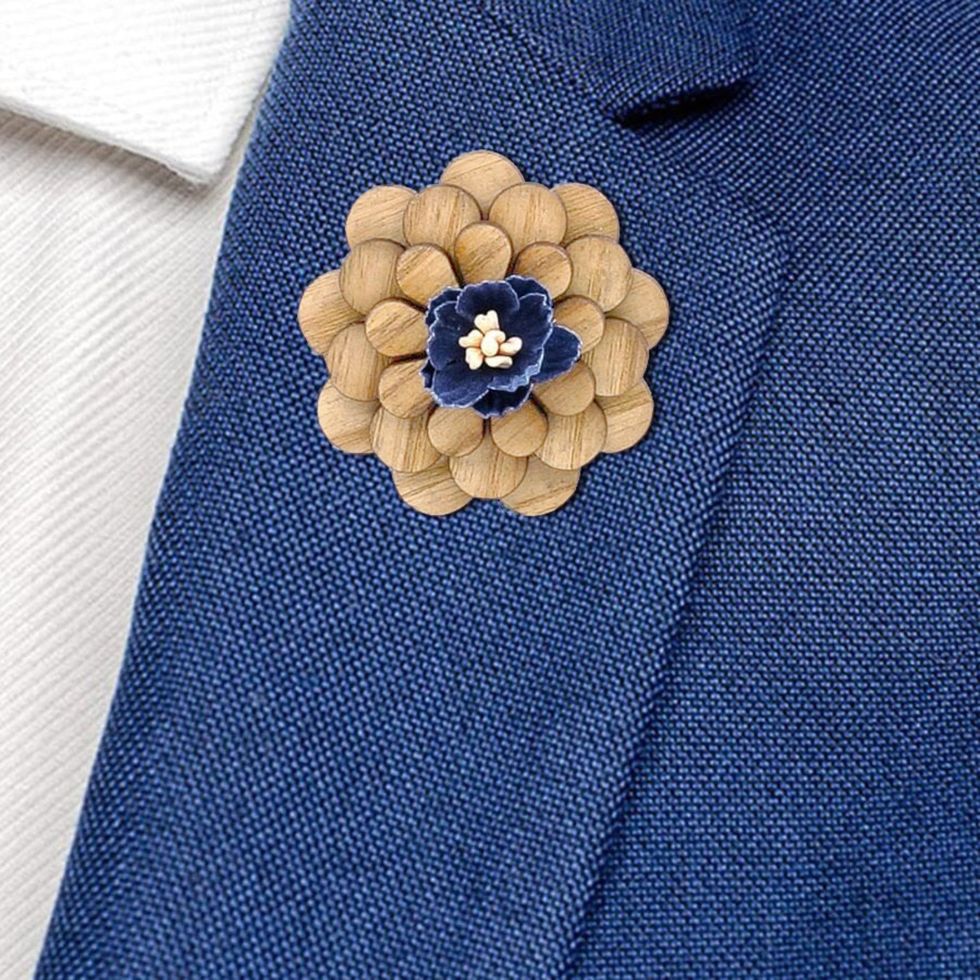 Wooden Blue Flower Lapel Pin