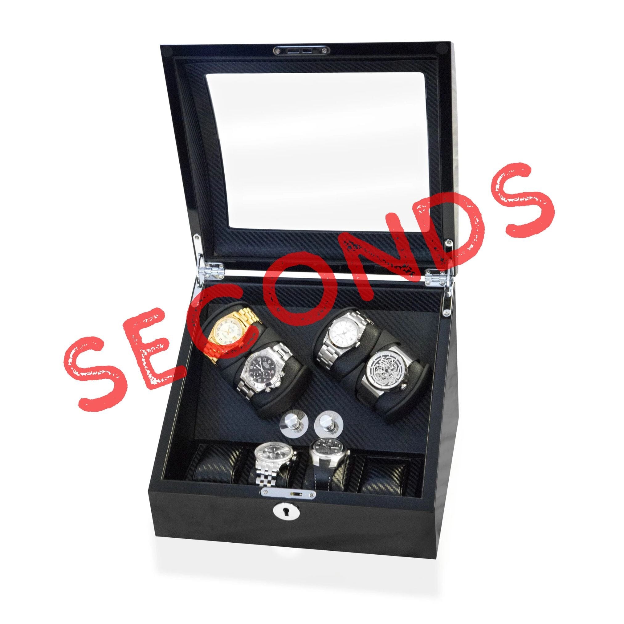 Seconds - Avoca Watch Winder Box 4 + 4 Watches in Black - Carbon Fibre Interior Seconds Clinks 