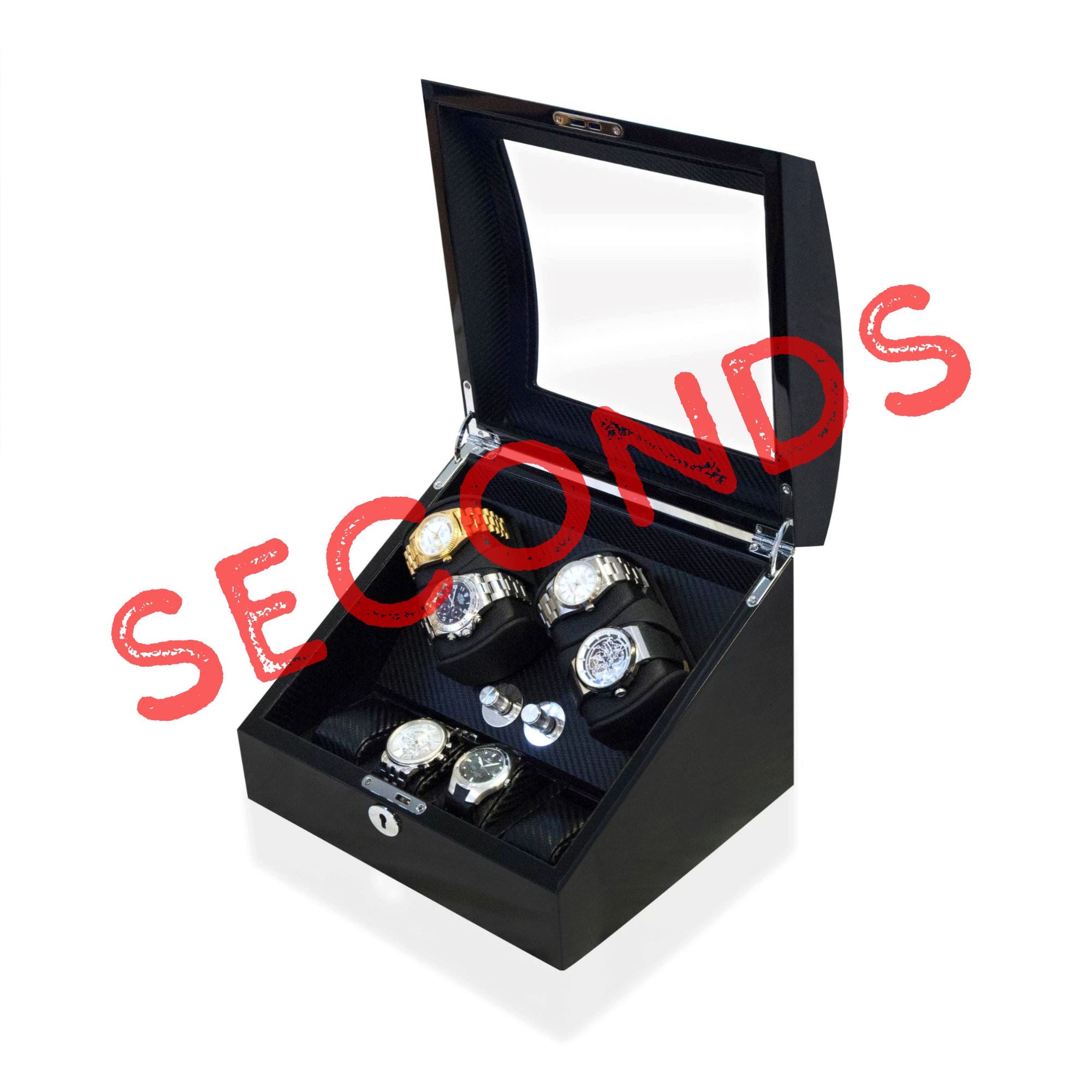 Seconds - Avoca Watch Winder Box 4 + 4 Watches in Black - Carbon Fibre Interior (a) Seconds Clinks 