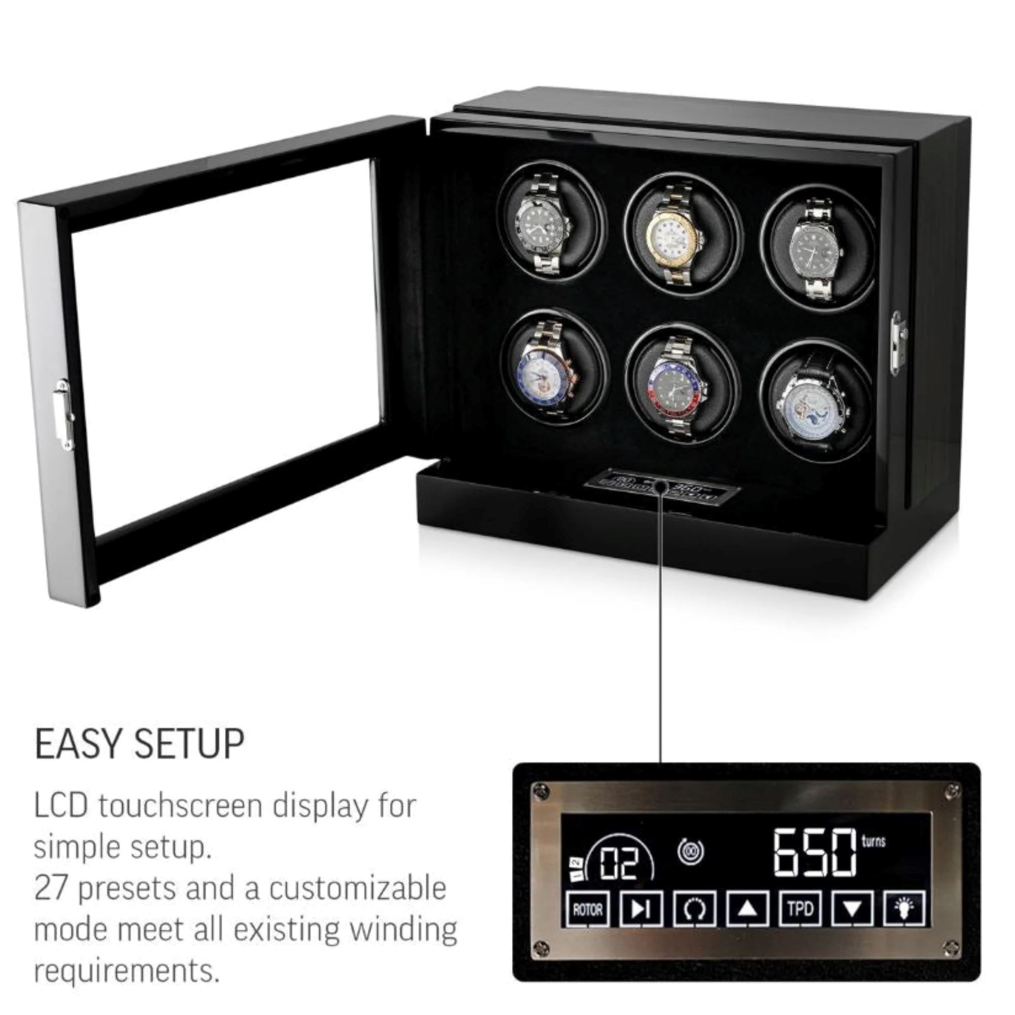 Seconds - Sydney Watch Winder Box for 6 Watches in Black (d) Seconds Clinks 