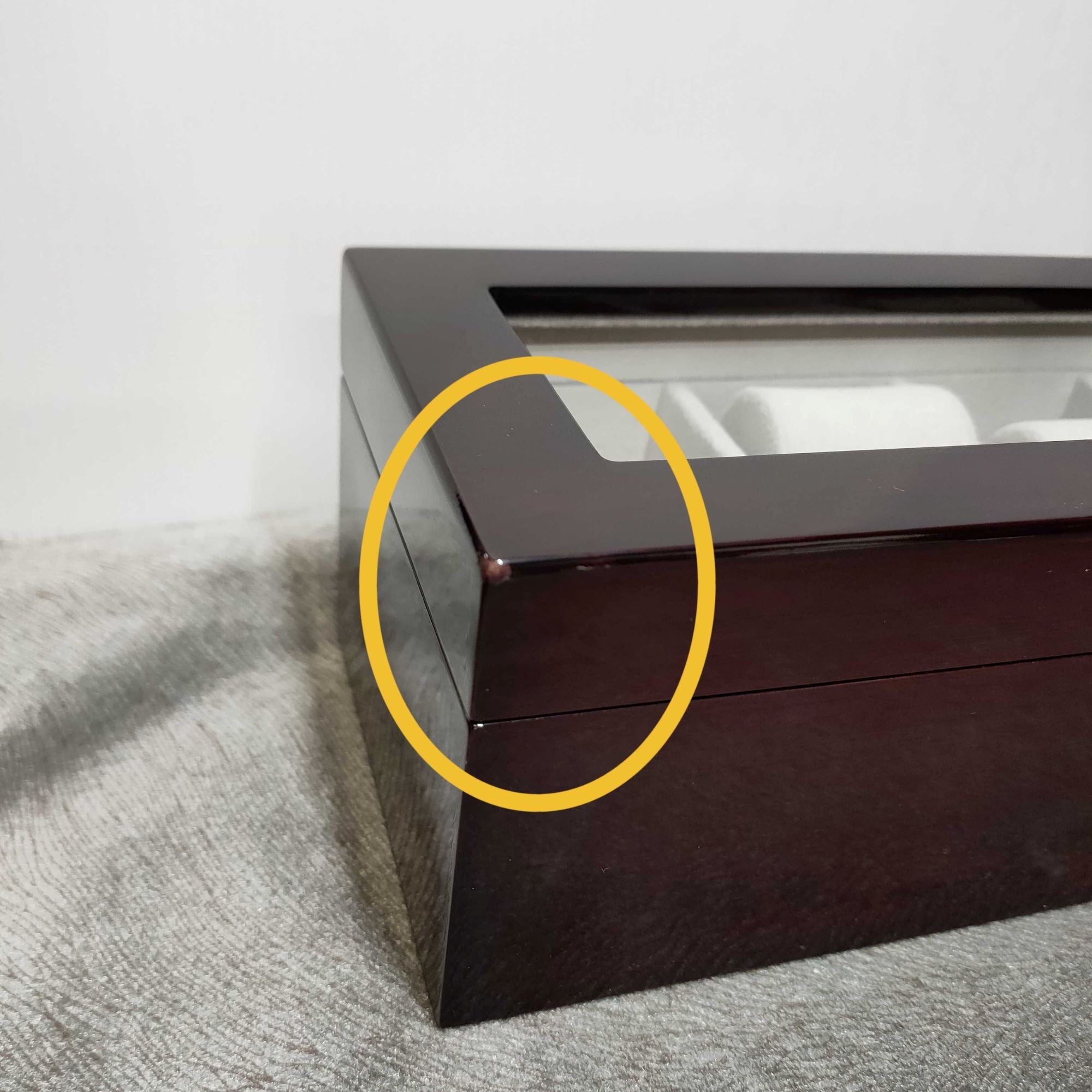 Seconds - Long Watch Box with Glass Top 6 Compartments Mahogany (b) Seconds Clinks 