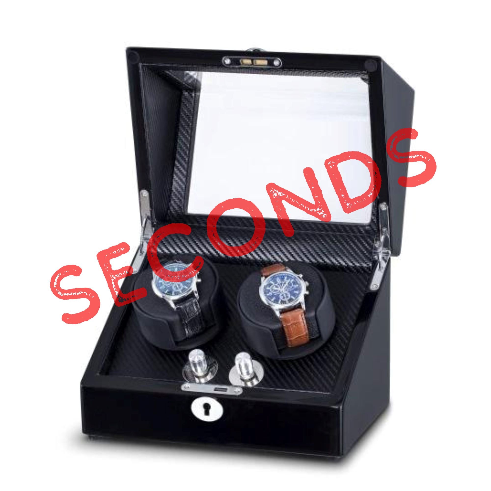 Seconds - Waratah Black Carbon Fibre Watch Winder Box for 2 Watches (f) Seconds Clinks 