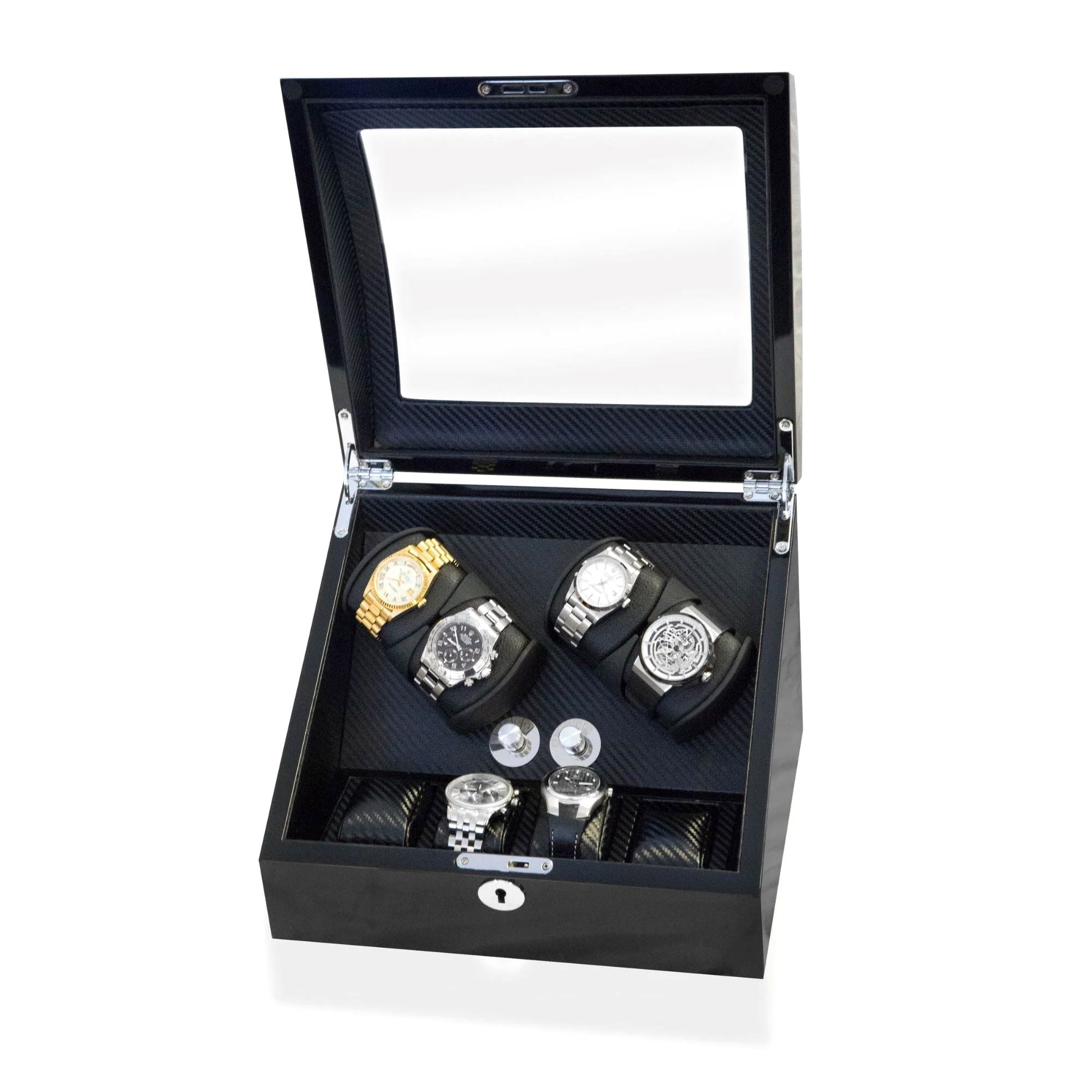 Seconds - Avoca Watch Winder Box 4 + 4 Watches in Black - Carbon Fibre Interior (d) Seconds Clinks 