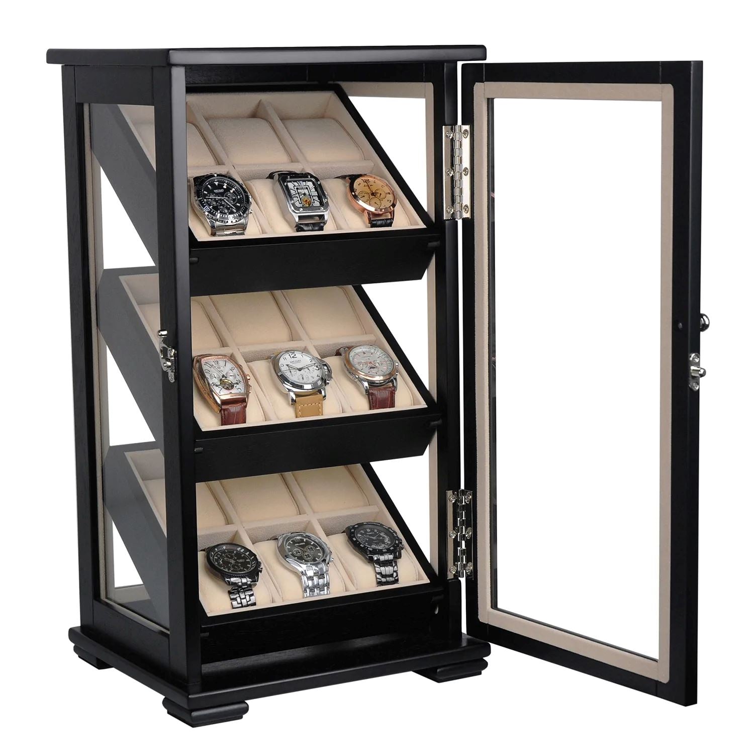 Black Wooden Watch Cabinet for 18 watches Watch Boxes Clinks 