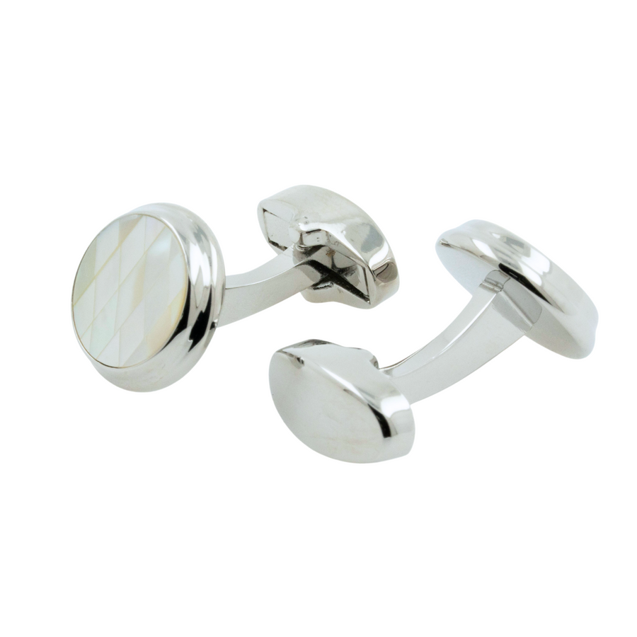 Diamond Mosaic Mother of Pearl Cufflinks in Round Silver