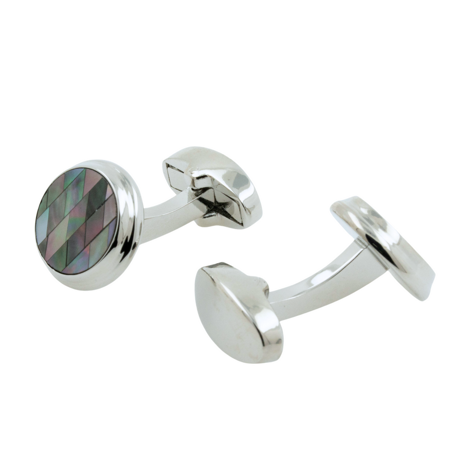 Black Diamond Mosaic Mother of Pearl in Round Silver Cufflinks