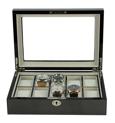 Carbon Fibre Wooden Watch Box, 10 Watch Box, Cuffed Watch Box, Clinks Australia Watch Box, Carbon Fibre Watch Boxes on Cuffed, Australia Watch Box, Watch Storage Box, Watch Display Box, 10 Slots Watch Box, Watch Boxes for 10, Wooden Watch Box, Carbon Fibre, Watch Boxes, CB5055, Clinks Australia