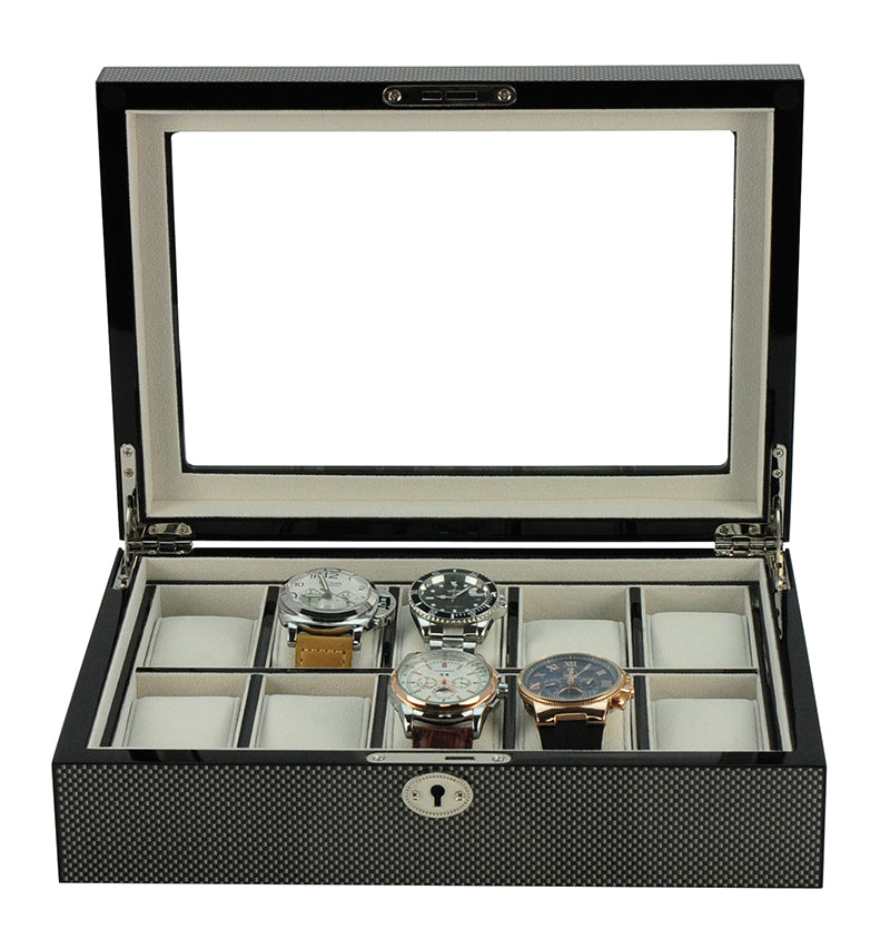 Carbon Fibre Wooden Watch Box, 10 Watch Box, Cuffed Watch Box, Clinks Australia Watch Box, Carbon Fibre Watch Boxes on Cuffed, Australia Watch Box, Watch Storage Box, Watch Display Box, 10 Slots Watch Box, Watch Boxes for 10, Wooden Watch Box, Carbon Fibre, Watch Boxes, CB5055, Clinks Australia
