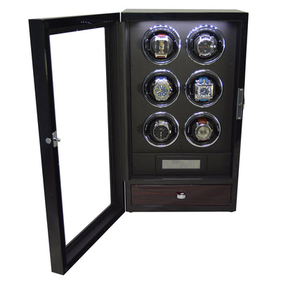 Yarra Watch Winder for 6 Watches + Drawer with Fingerprint Lock, 6 Watch Winder with Drawer, Watch Winder Boxes, Black Watch Winder, Fingerprint Lock Watch Winder, Watch Winders, nogiftbox, CW0604, Clinks Australia