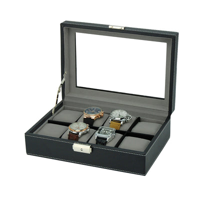 Black Leather Watch Box, 8 Watch Boxes, Cuffed Watch Box, Clink Australia Watch Box, Black Watch Boxes on Cuffed, Australia Watch Box, Watch Storage Box, Watch Display Box, 8 Slots Watch Box, Watch Box for 8, Black Watch Box, Black, Leather, Watch Boxes, Storage Boxes, CB5064, Clinks Australia