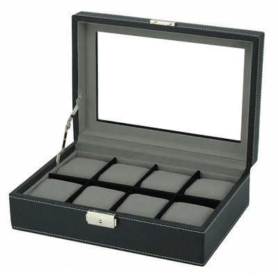 Black Leather Watch Box, 8 Watch Boxes, Cuffed Watch Box, Clink Australia Watch Box, Black Watch Boxes on Cuffed, Australia Watch Box, Watch Storage Box, Watch Display Box, 8 Slots Watch Box, Watch Box for 8, Black Watch Box, Black, Leather, Watch Boxes, Storage Boxes, CB5064, Clinks Australia