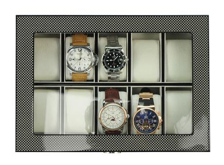 Carbon Fibre Wooden Watch Box, 10 Watch Box, Cuffed Watch Box, Clinks Australia Watch Box, Carbon Fibre Watch Boxes on Cuffed, Australia Watch Box, Watch Storage Box, Watch Display Box, 10 Slots Watch Box, Watch Boxes for 10, Wooden Watch Box, Carbon Fibre, Watch Boxes, CB5055, Clinks Australia