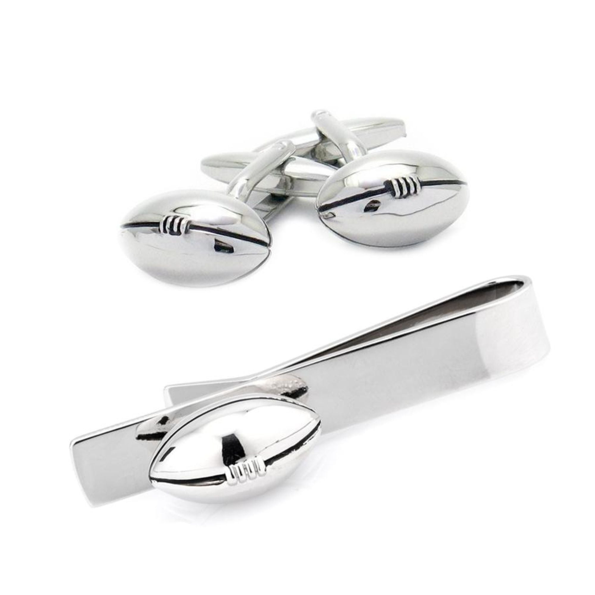 Footy / Rugby Football Silver Cufflinks & Tie Bar Set
