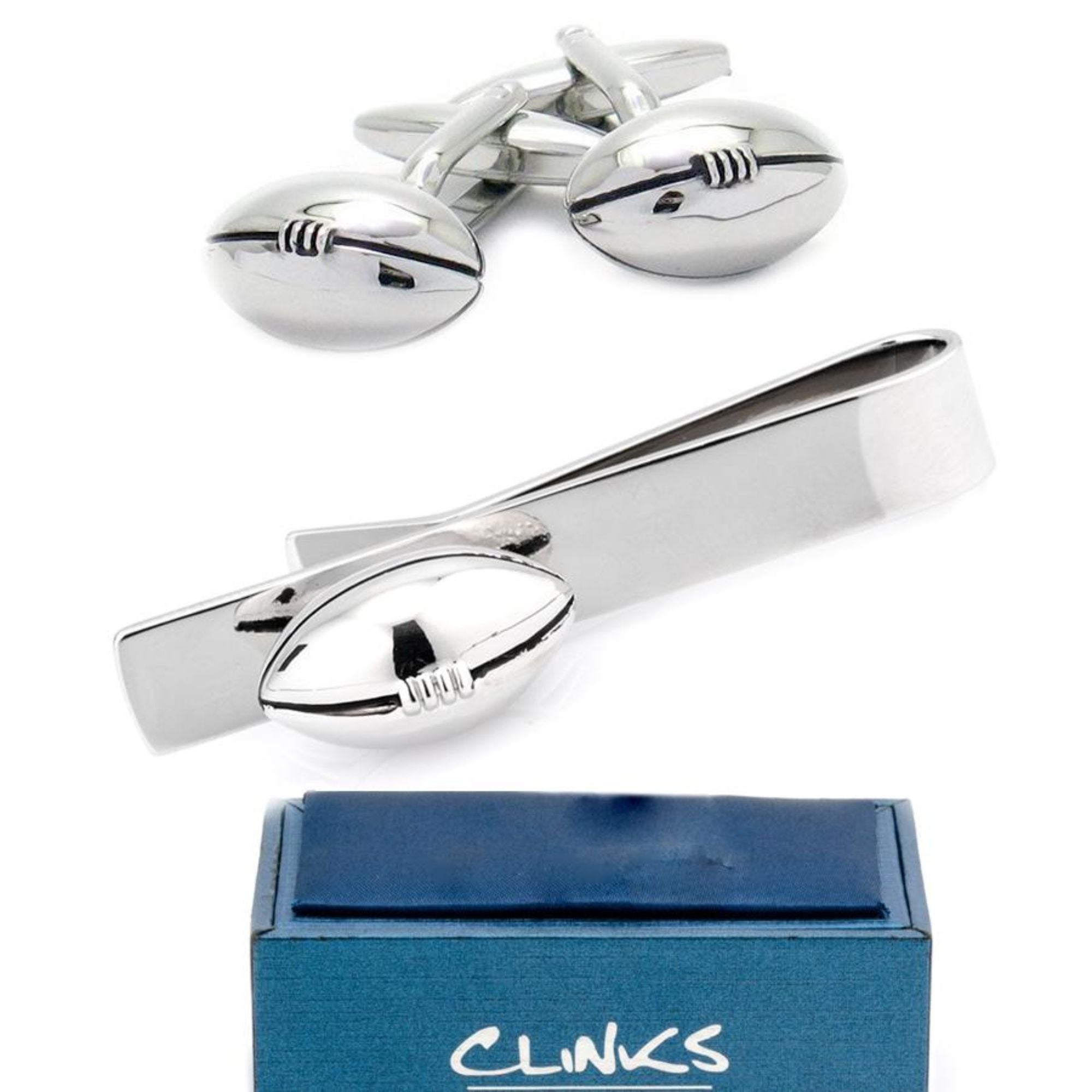 Footy / Rugby Football Silver Cufflinks & Tie Bar Set