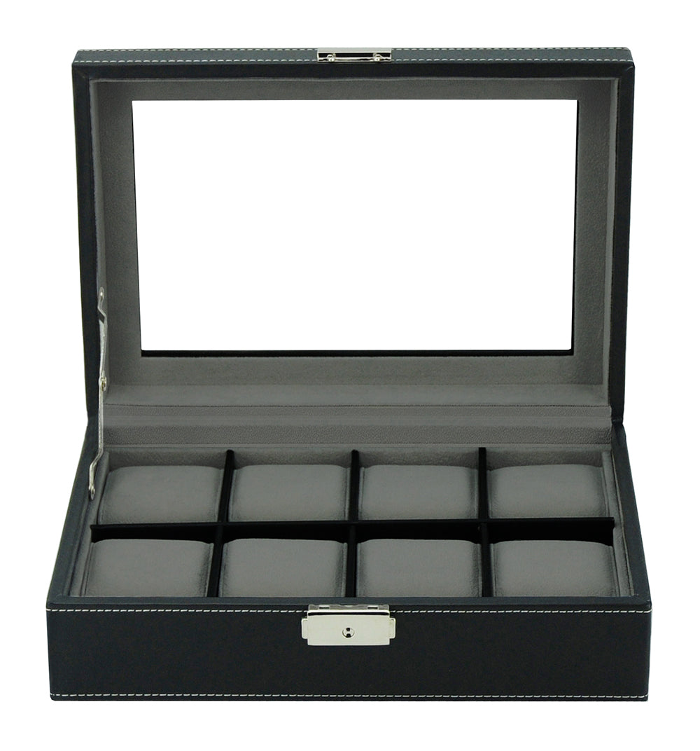 Black Leather Watch Box, 8 Watch Boxes, Cuffed Watch Box, Clink Australia Watch Box, Black Watch Boxes on Cuffed, Australia Watch Box, Watch Storage Box, Watch Display Box, 8 Slots Watch Box, Watch Box for 8, Black Watch Box, Black, Leather, Watch Boxes, Storage Boxes, CB5064, Clinks Australia