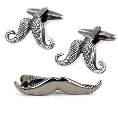 Vintage Moustache Cufflinks & Gunmetal Tie Clip Set