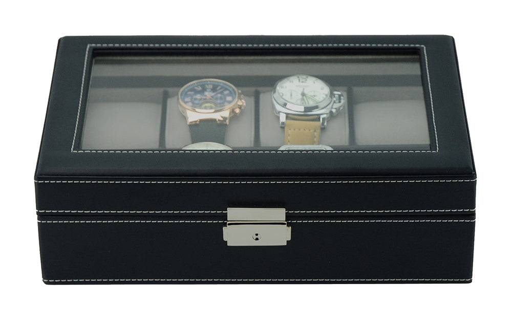 Black Leather Watch Box, 8 Watch Boxes, Cuffed Watch Box, Clink Australia Watch Box, Black Watch Boxes on Cuffed, Australia Watch Box, Watch Storage Box, Watch Display Box, 8 Slots Watch Box, Watch Box for 8, Black Watch Box, Black, Leather, Watch Boxes, Storage Boxes, CB5064, Clinks Australia