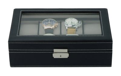 Black Leather Watch Box, 8 Watch Boxes, Cuffed Watch Box, Clink Australia Watch Box, Black Watch Boxes on Cuffed, Australia Watch Box, Watch Storage Box, Watch Display Box, 8 Slots Watch Box, Watch Box for 8, Black Watch Box, Black, Leather, Watch Boxes, Storage Boxes, CB5064, Clinks Australia
